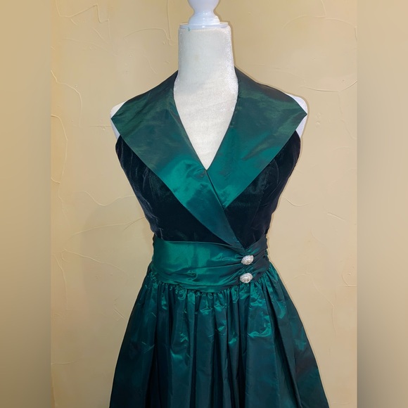 Vintage Alfred Angelo Tuxedo Style Halter Formal Green Velvet & Taffeta Long - Picture 2 of 11